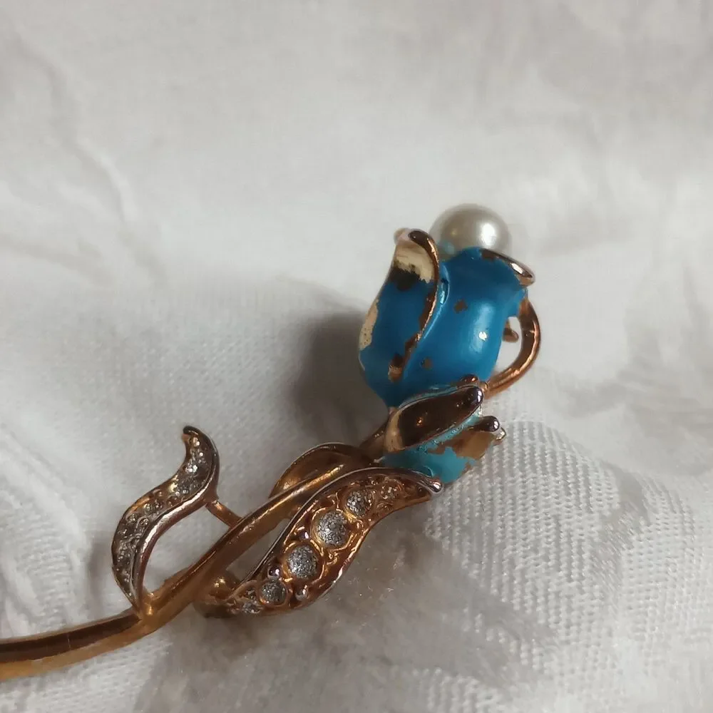 Enameled Teal Vintage Tulip Flower Brooch, Rhinestones faux pearl pot metal 2.5